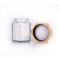 customized hexagon 380ml glass jar for honey glass honey jar with wood cap